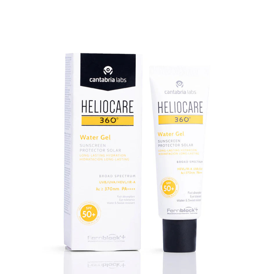 Allodermis Heliocare 360 water gel SPF 50, hydrating facial sunscreen with lightweight, non-greasy texture and broad-spectrum protection.