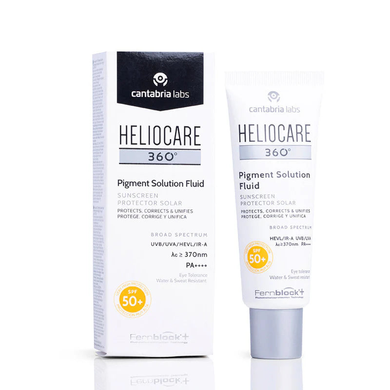 Allodermis Heliocare 360 Pigment Solution Fluid SPF50 50ml bottle with pump for skin brightening and sun protection.