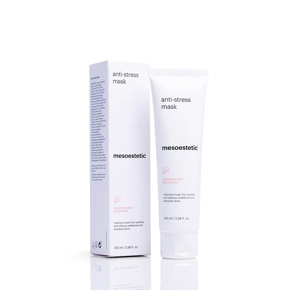 Allodermis Mesoestetic Anti-Stress Mask applied on face, soothing skincare treatment with calming ingredients for healthy skin.
