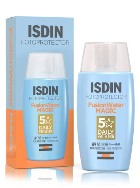 Allodermis Isdin Fotoprotector Fusion Water Sunscreen bottle with clear label and pump dispenser on a white background