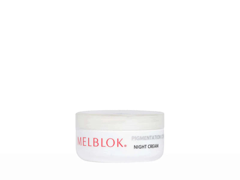 Ratti Corporation Melblok Pigmentation Control Night Cream jar with white and pink packaging and product label visible.