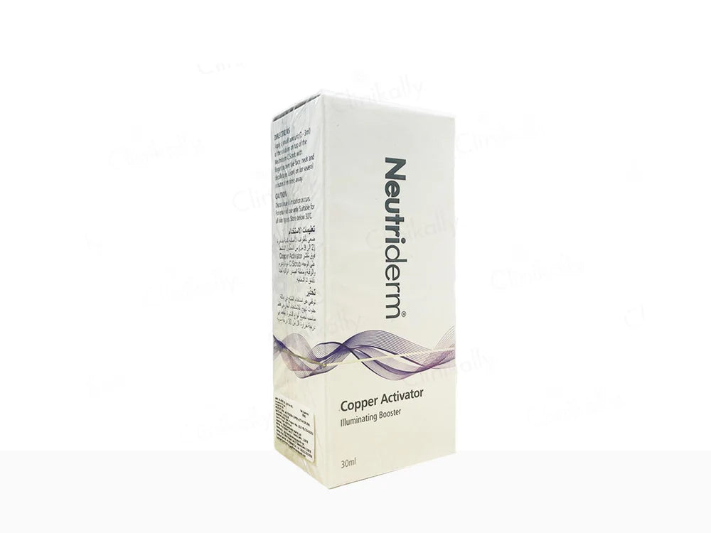 Neutriderm Copper Activator Solution bottle by Allodermis, clear liquid skincare product in a white container with a pump dispenser.
