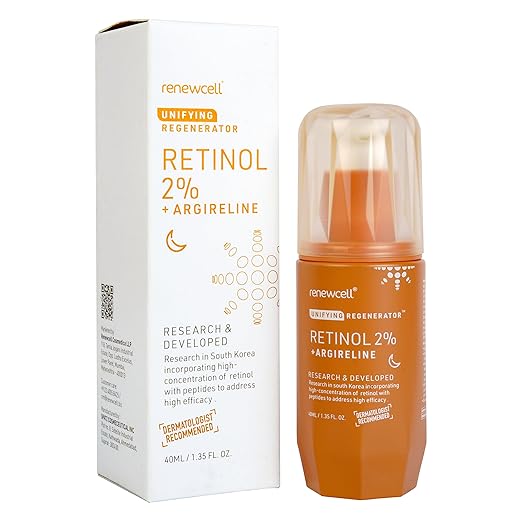 Renewcell Retinol serum by SPATZ COSMECEUTICAL INC in a sleek bottle, with a focus on its clear liquid and minimalist packaging.
