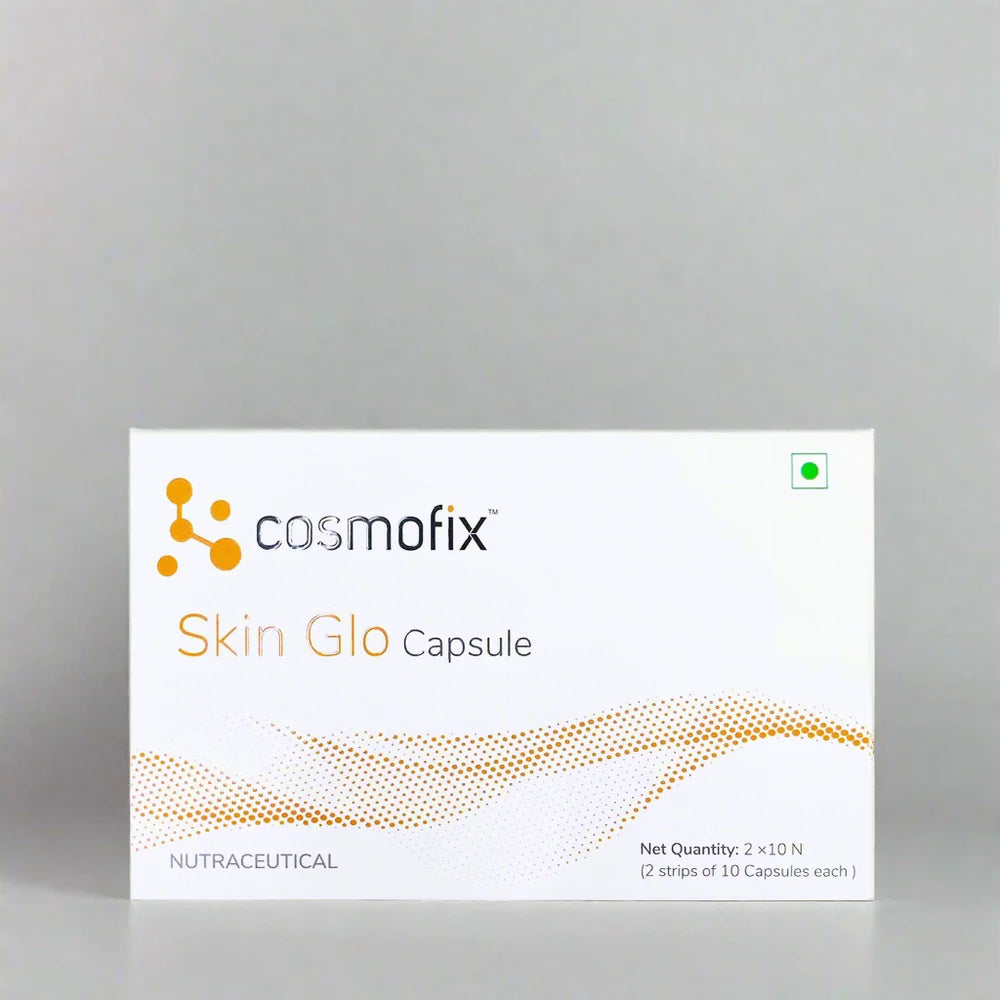 Allodermis Cosmofix Skin Glo Capsule showing the sleek blister pack of skin care capsules for glowing skin.