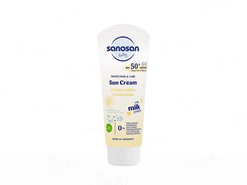 Sanosan Baby Sun Cream SPF 50+ tube with a white cap and colorful label, designed for gentle sun protection for babies