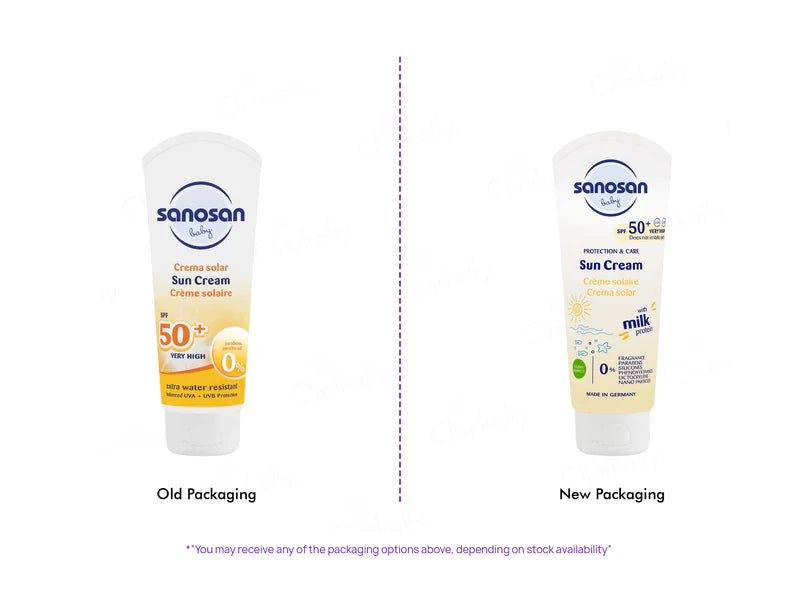 Sanosan Baby Sun Cream SPF 50+ tube from Glowderma Lab Prt.Ltd, with a white and blue design and sun protection label.