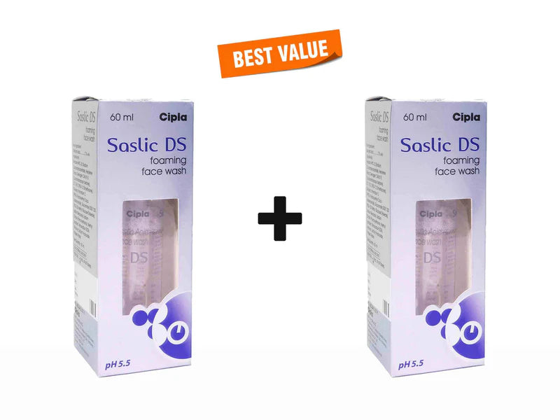Saslic DS foaming face wash in a white pump bottle by Pontika Aerotech Limited, with a foam dispenser and clear label.