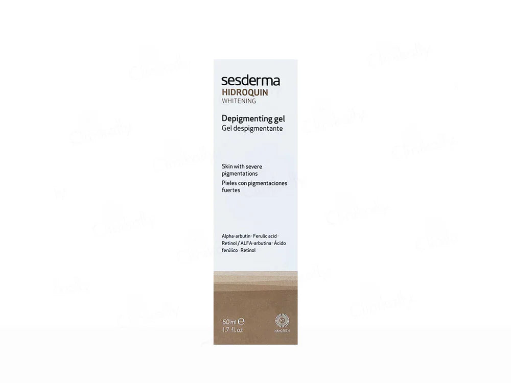 Sesderma Hidroquin Whitening Gel by Allodermis shown in a sleek, transparent tube with white and purple labeling.