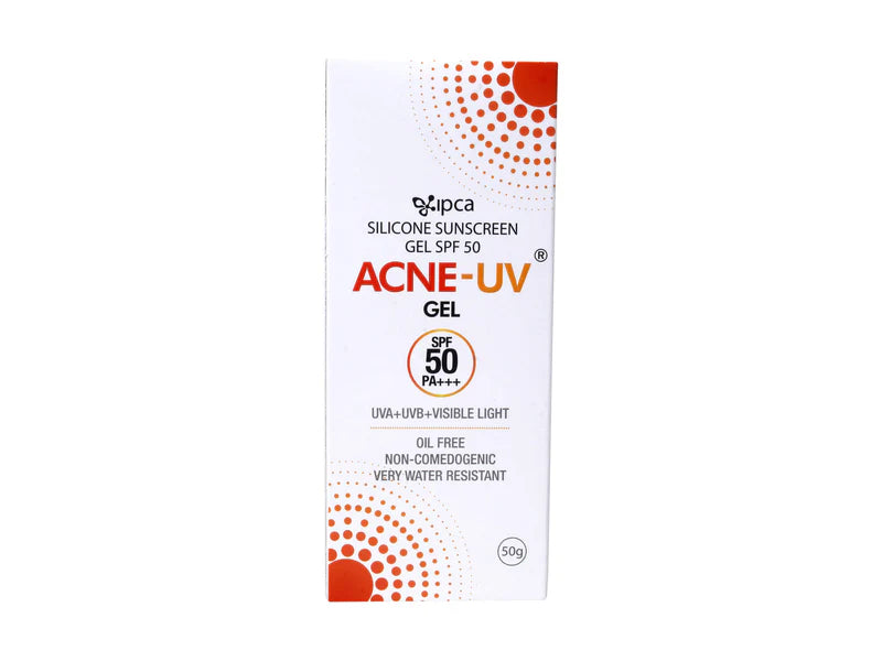 Lyka Labs Ltd. IPCA Acne-UV Gel Sunscreen SPF 50/PA+++ in a white box, featuring the product name and SPF details.
