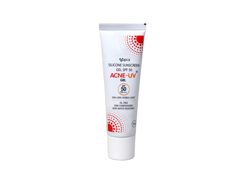 Lyka Labs Ltd. IPCA Acne-UV Gel Sunscreen SPF 50/PA+++ showing the gel texture in a clear container.