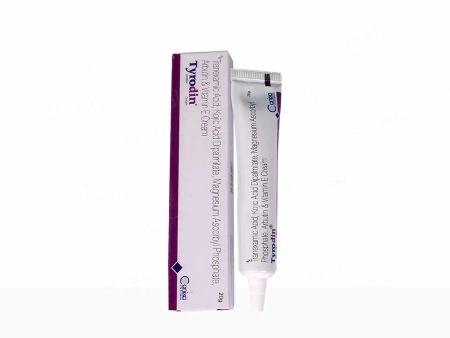 Allodermis Tyrodin Cream in 20g jar, smooth skincare cream for sensitive skin, displayed in a white container.