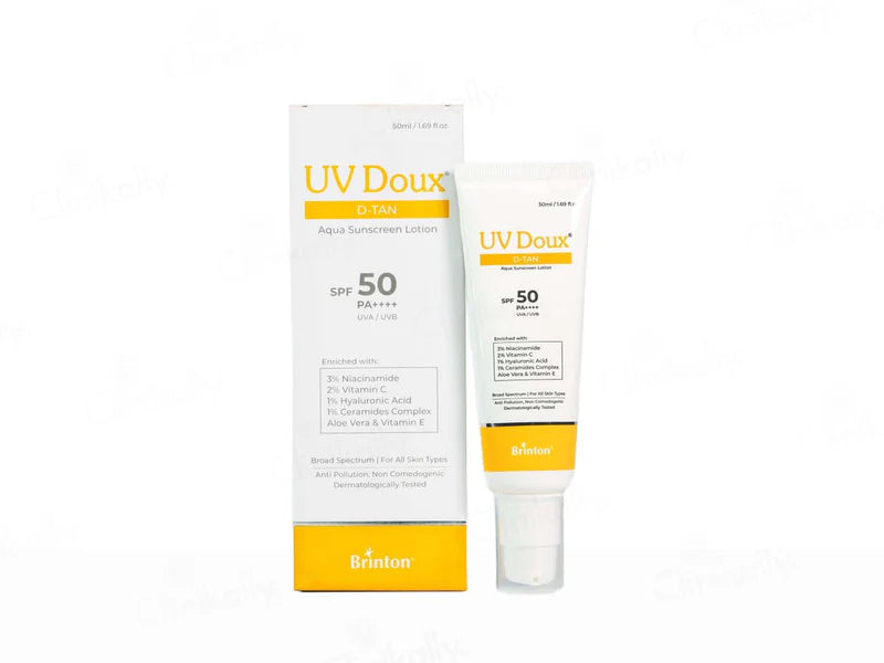 UV Doux D-Tan Aqua Sunscreen Lotion SPF50 PA by Brinton Healthcare UK Ltd, 50ml bottle with blue cap and clear lotion.