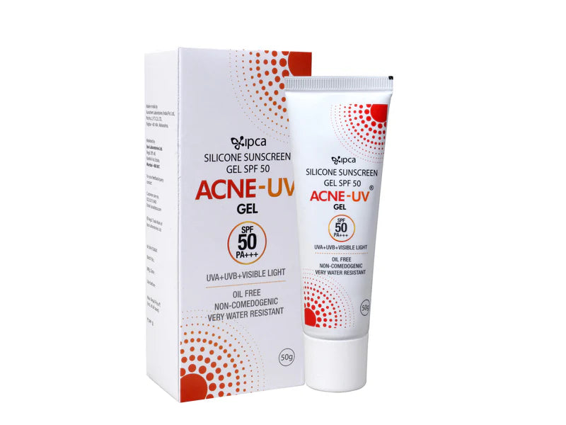 Lyka Labs Ltd. IPCA Acne-UV Gel Sunscreen SPF 50/PA+++ showing the gel texture in a tube for acne-prone skin protection