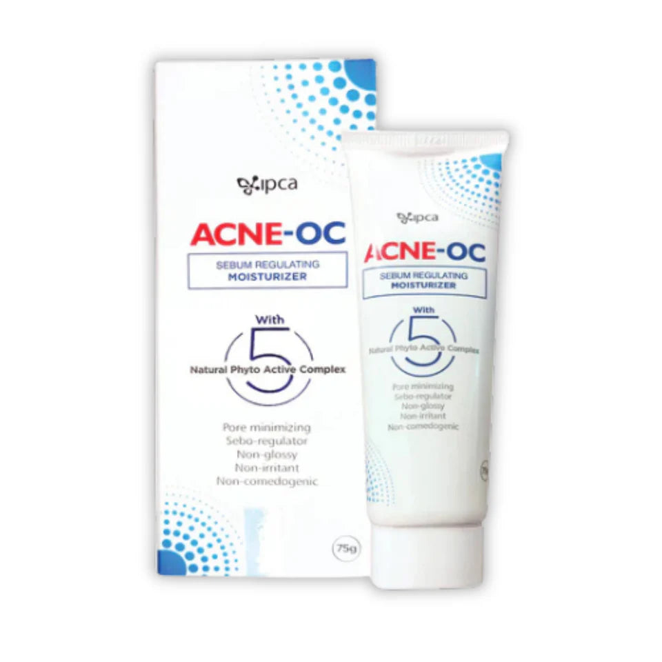 IPCA Acne-OC Sebum Regulating Moisturizer by Alaina Healthcare Pvt. Ltd., showing a white jar with a blue label on a white background.