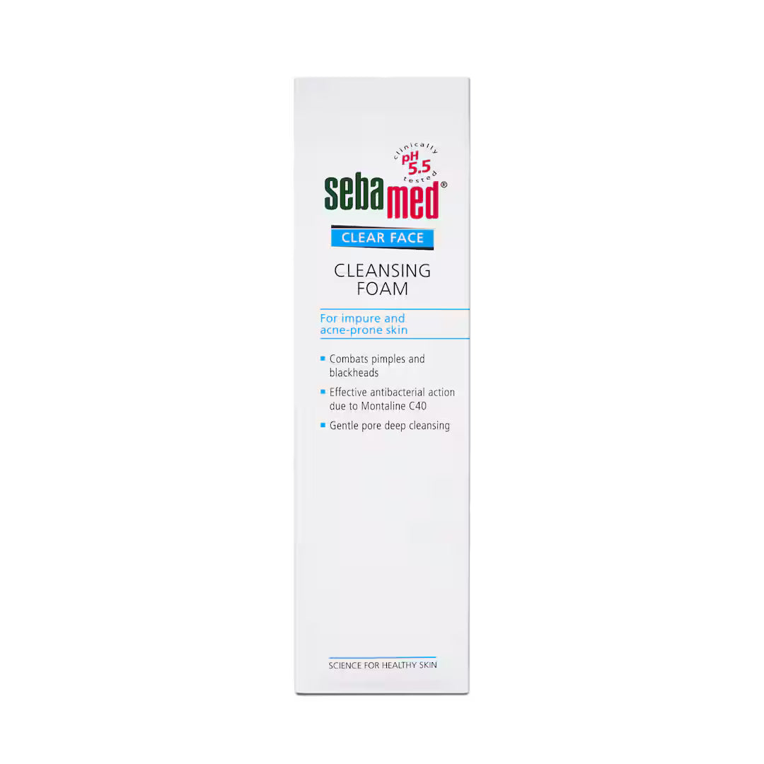 Sebamed Clear Face Cleansing Foam Wash for acne-prone and oily skin, gentle foaming cleanser in a bottle.