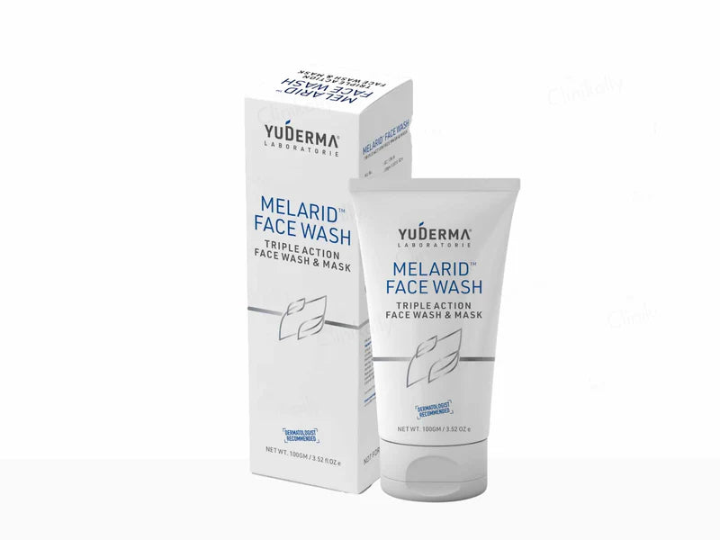 Allodermis Melarid Triple Action Face Wash in 100g, featuring a clear bottle with a blue cap and labeled product packaging.