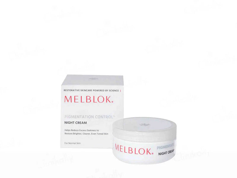 Ratti Corporation Melblok Pigmentation Control Night Cream jar with label and creamy texture visible.