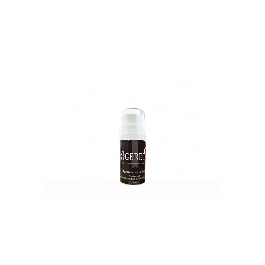 Ageret Age-Reversal Retinol Serum in a sleek bottle, featuring a dropper applicator, designed to improve skin youthful appearance.