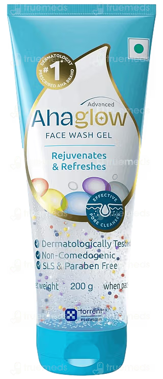 Aurochem Ahaglow Advanced Skin Rejuvenating Face Wash Gel in 200g tube, showing the product and packaging.