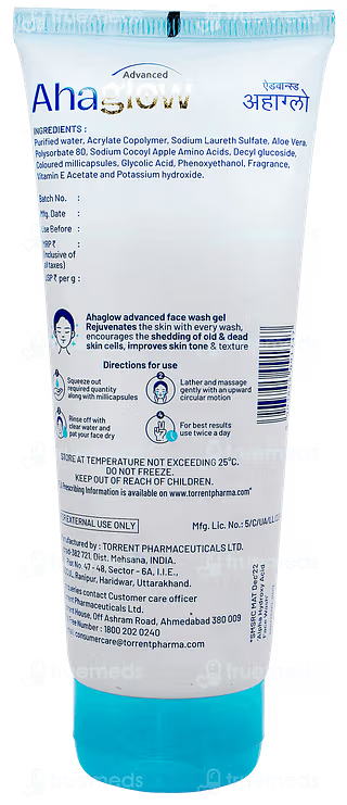 Aurochem Ahaglow Advanced Skin Rejuvenating Face Wash Gel in 200g tube, showing the product packaging and label.