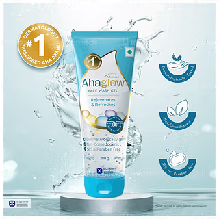 Aurochem Ahaglow Advanced Skin Rejuvenating Face Wash Gel, 200g, in a clear tube with a white cap and skincare label.