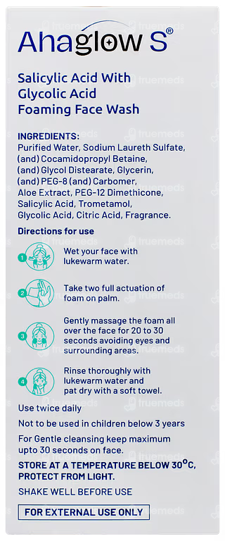 Aurochem Ahaglow S Foaming Face Wash in a 100ml bottle, showing the product's label and foaming pump dispenser.