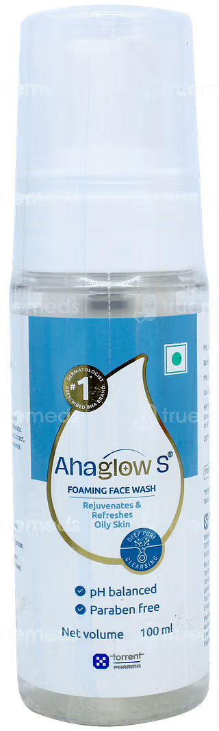 Aurochem Ahaglow S Foaming Face Wash in a 100ml bottle, gentle facial cleanser with foaming texture for clear skin.