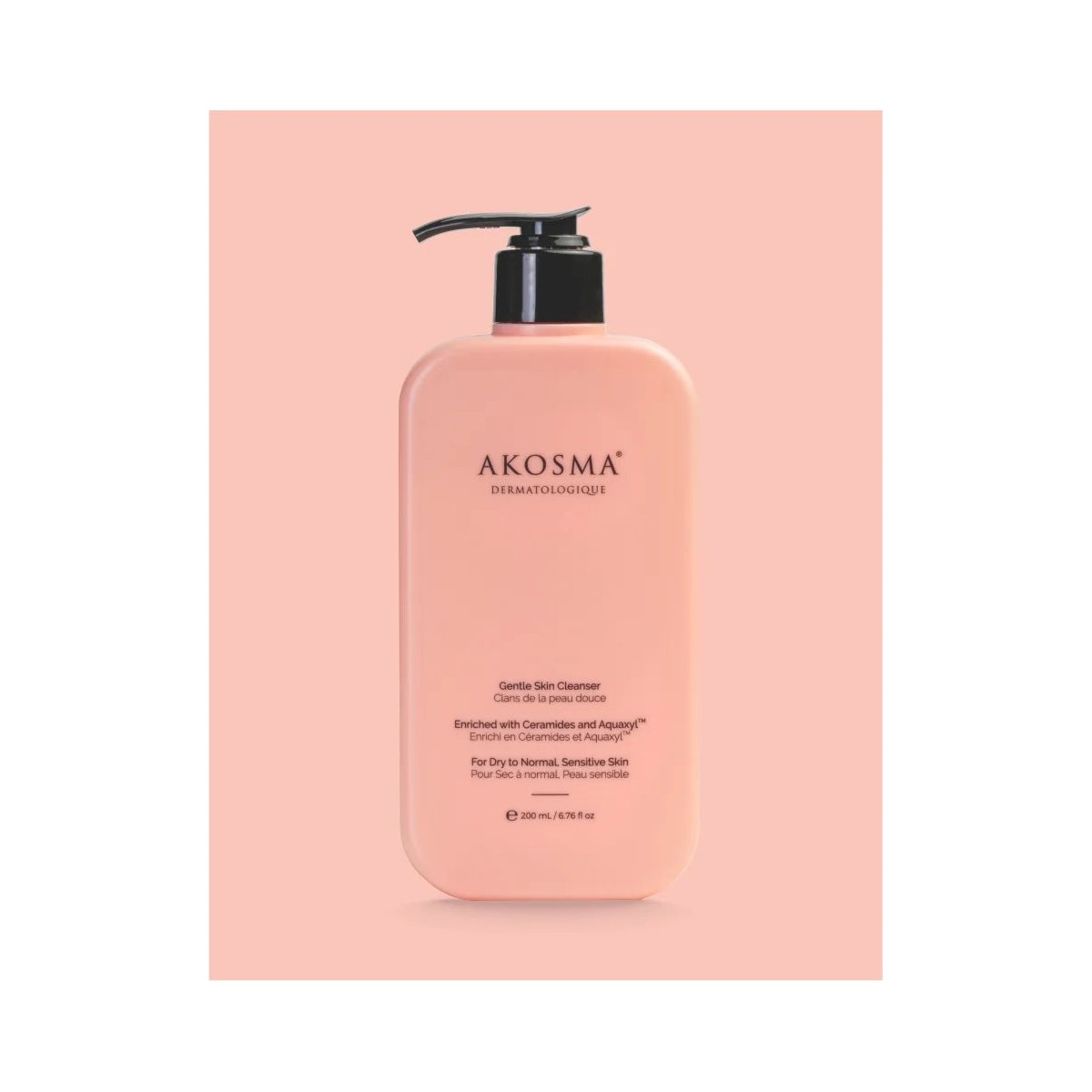 Allodermis Akosma gentle skin cleanser in a pump bottle, showing clear gel formula and minimalist packaging.