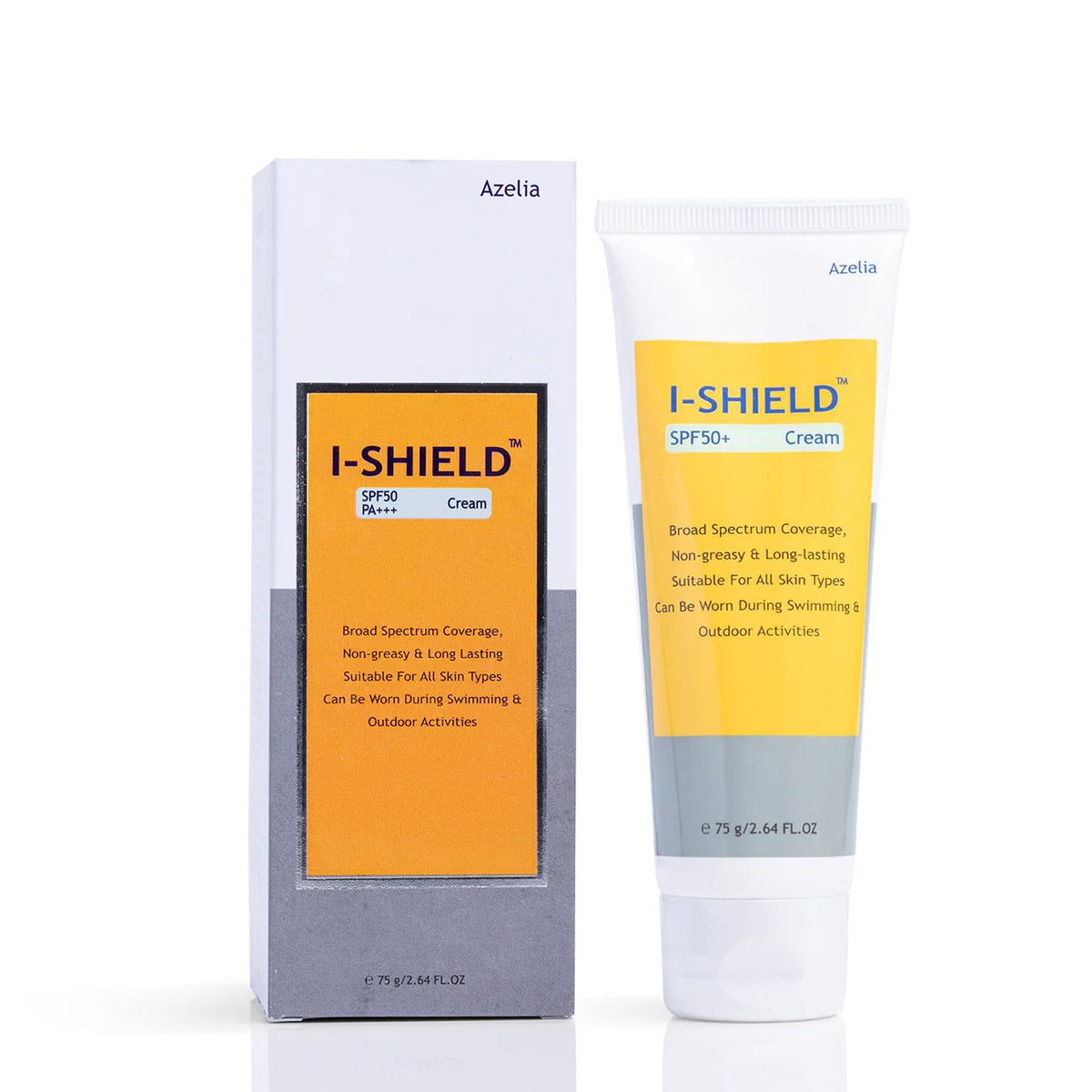 Allodermis I-Shield Sunscreen Cream SPF 50 PA+++ in a white tube, showing the product front with branding and SPF details.
