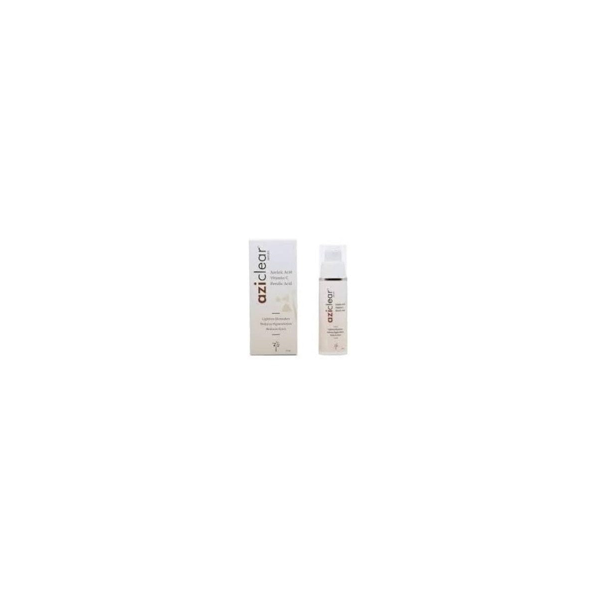 Archeesh Laboratories Aziclear serum featuring a sleek bottle, designed to reduce pigmentation and signs of aging.