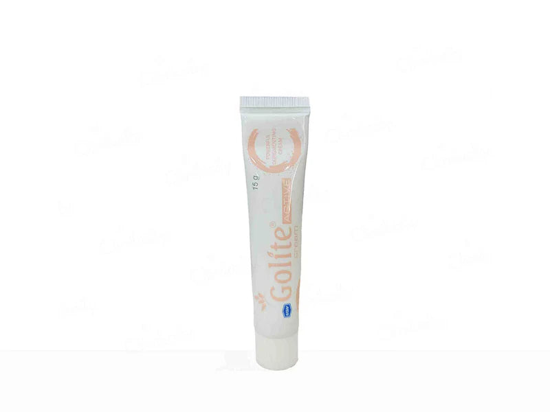 Golite Active Depigmenting Cream tube from Nanz Med Science Pharma Pvt. Ltd., featuring a white and green packaging design.