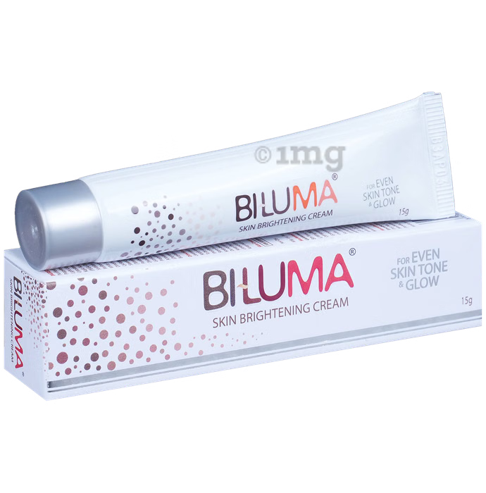 Allodermis Biluma Cream jar showing smooth, white cream inside with the product packaging in the background.