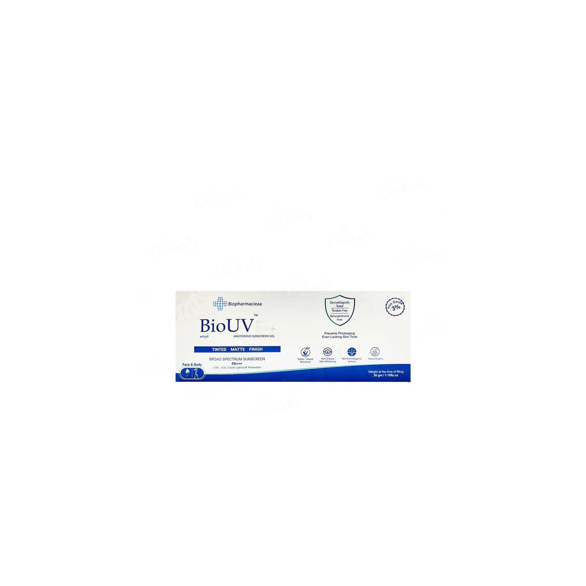 Sun protection cream Bio UV 50+ tinted and matte by Wederm Pvt. Ltd. in a sleek tube, offering broad-spectrum UV protection.