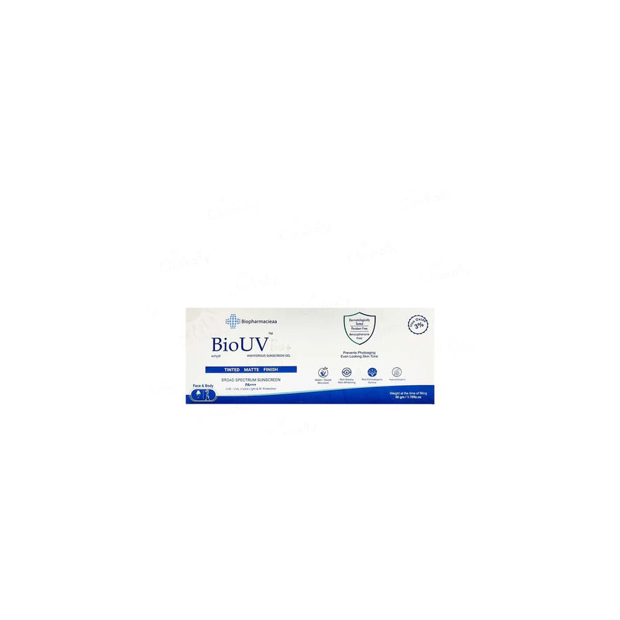 Sun protection cream Bio UV 50+ tinted and matte by Wederm Pvt. Ltd. in a sleek tube, offering broad-spectrum UV protection.