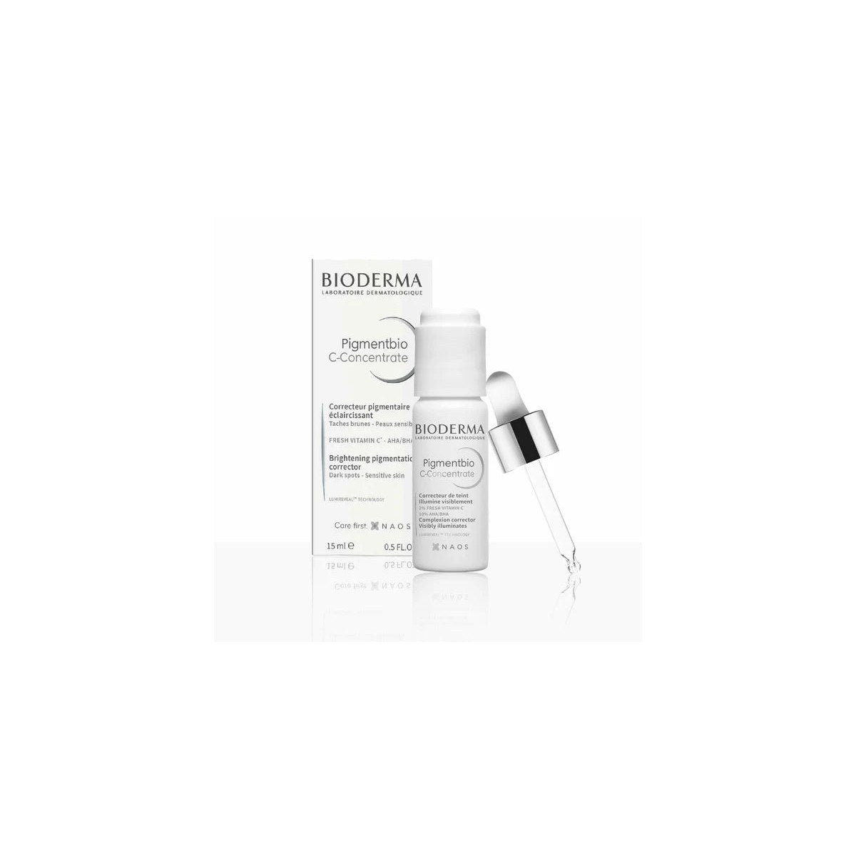 Bioderma Pigmentbio C-Concentrate serum in a clear dropper bottle, with a focus on the product label and applicator.