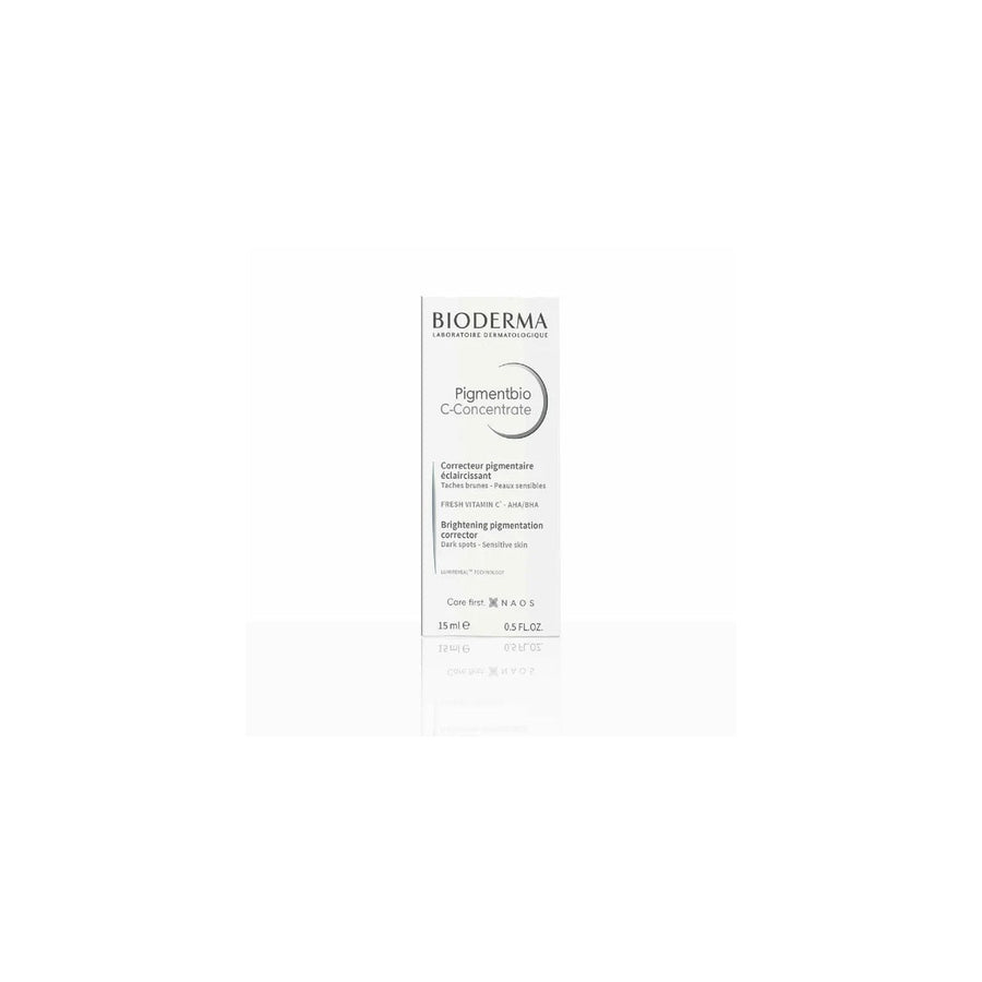 Bioderma Pigmentbio C-Concentrate bottle with pump, showing the skincare product in a sleek white container with blue accents.