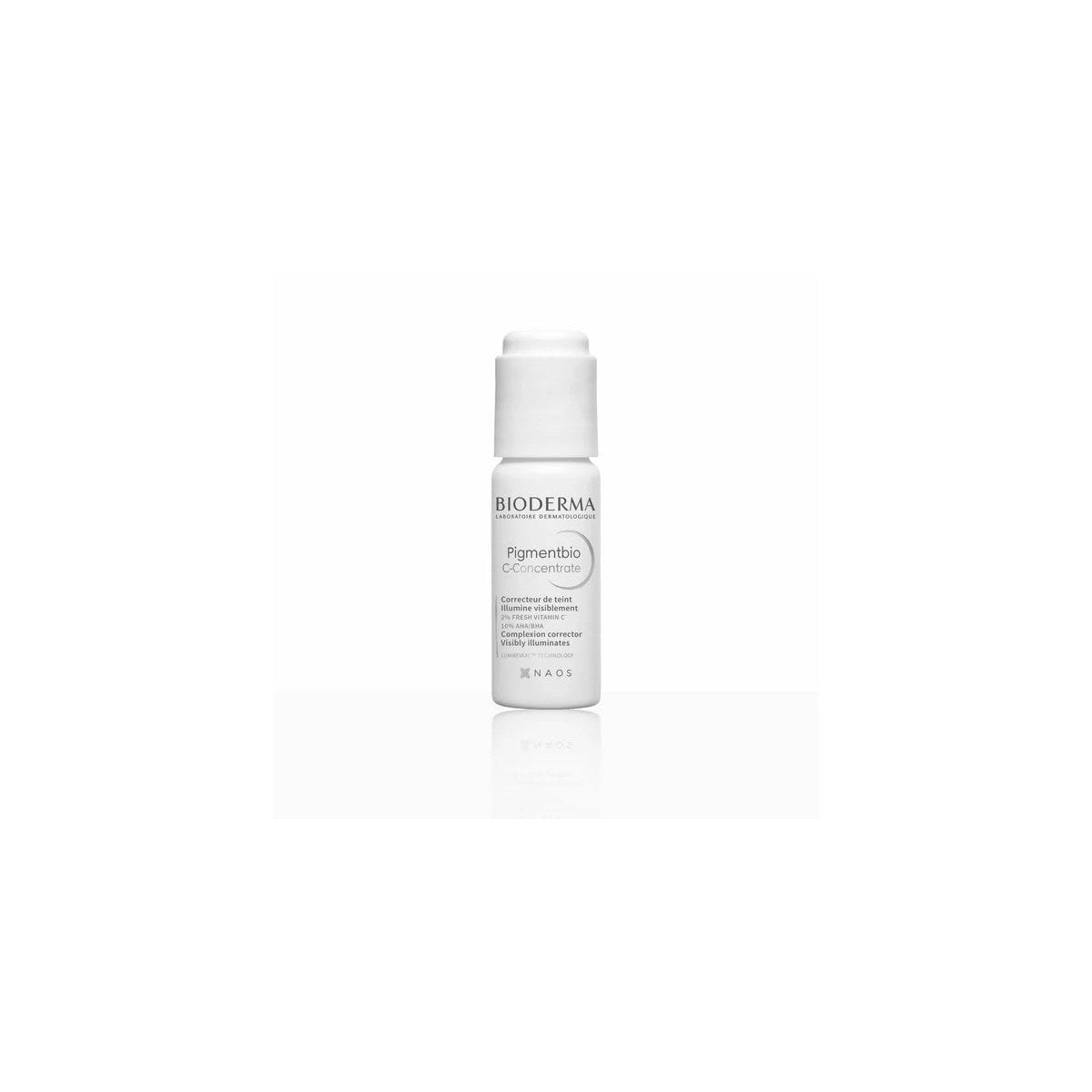 Bioderma Pigmentbio C-Concentrate serum in a sleek white bottle with a pump dispenser for brightening skin treatment.