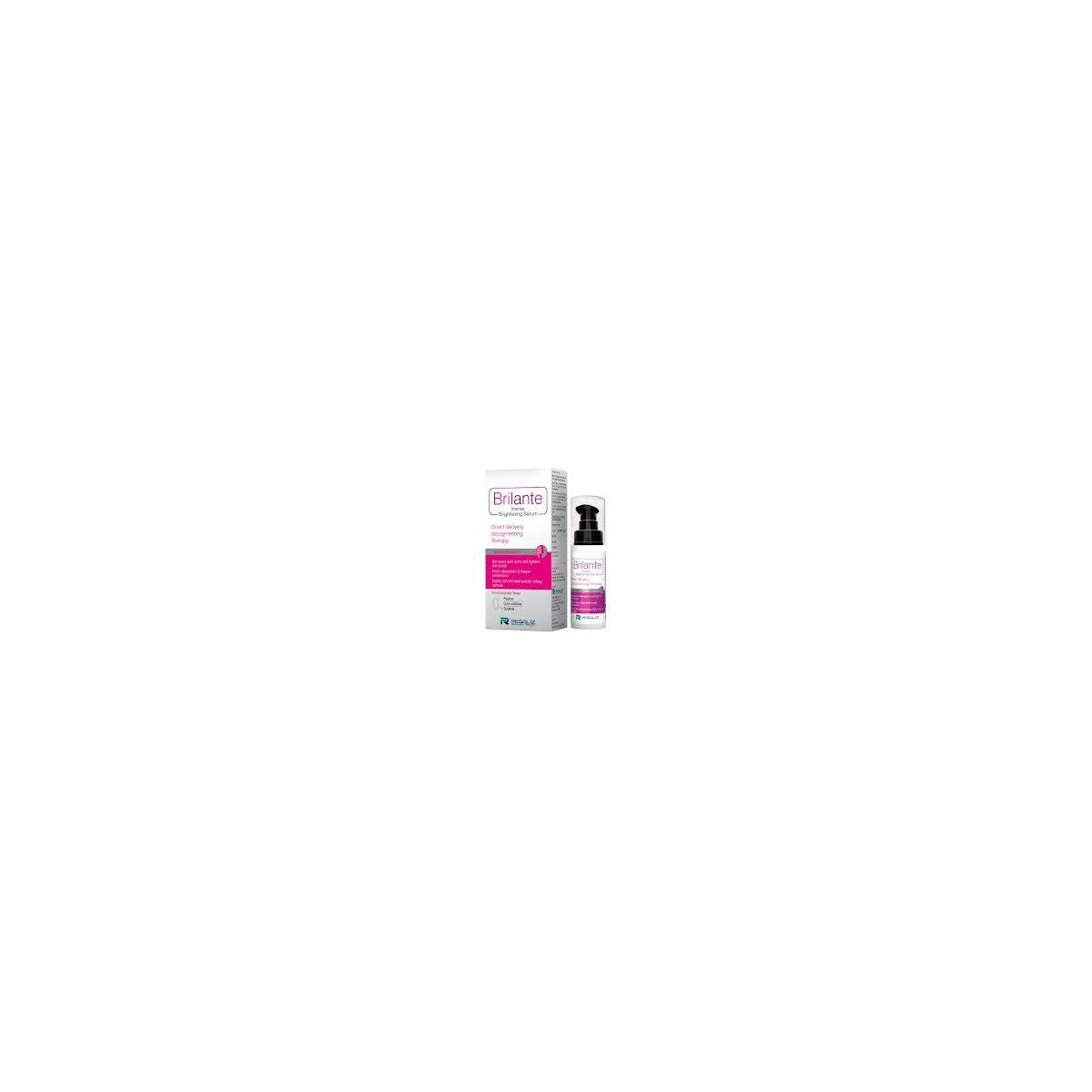 Aurochem Brilante Intense Brightening Face Serum showing a glass bottle with dropper for pigmentation, melasma, and acne marks.