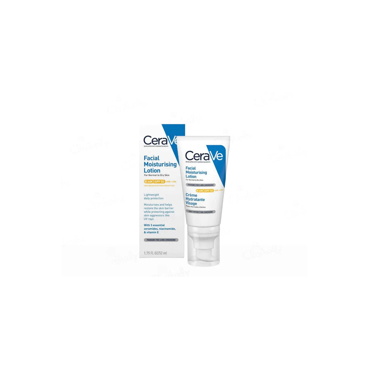 L'Oreal CeraVe AM facial moisturizing lotion with SPF 50, normal to dry skin, in a 52ml tube with visible pump dispenser.