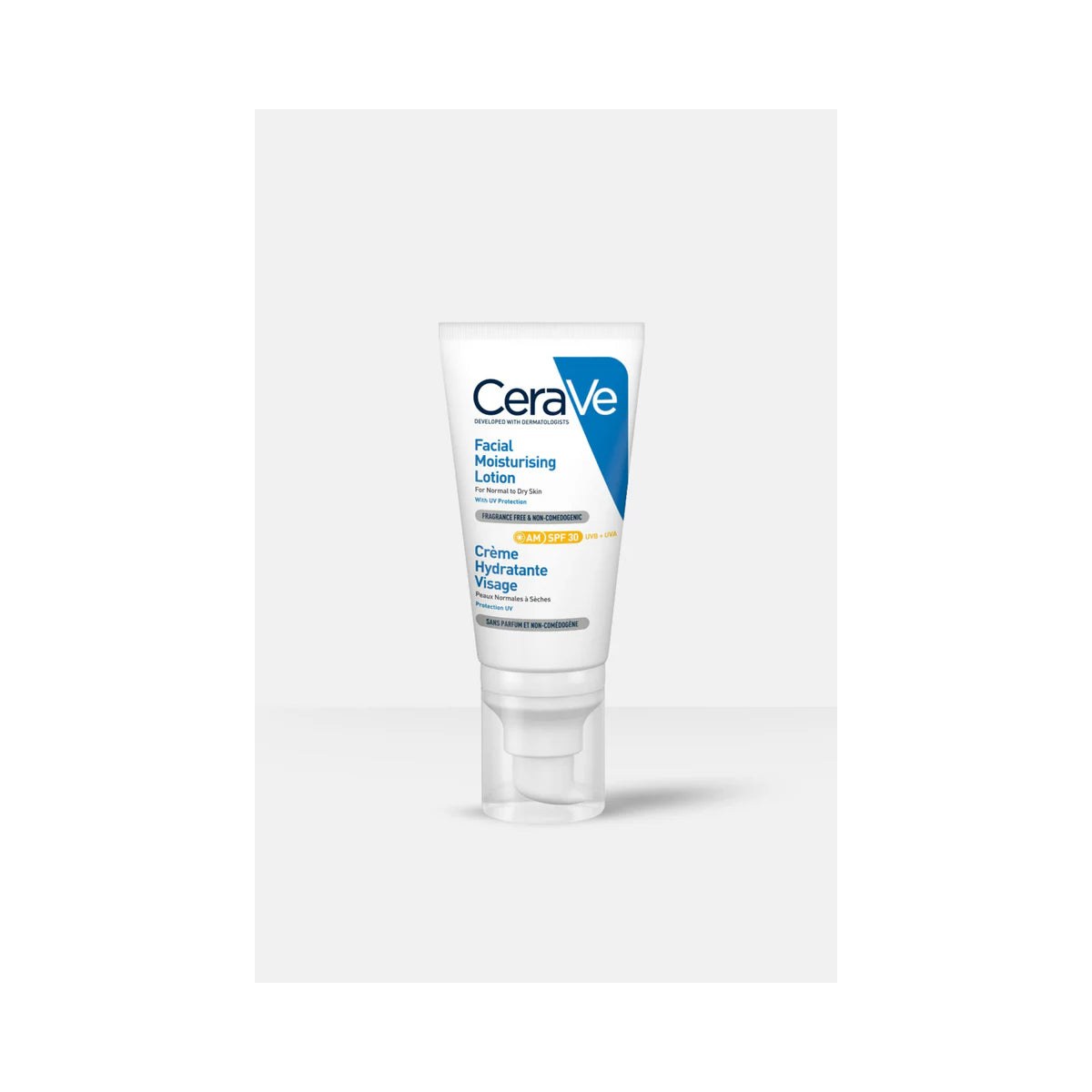 L'Oreal CeraVe AM facial moisturizing lotion with SPF 50, featuring a white pump bottle and smooth lotion texture.
