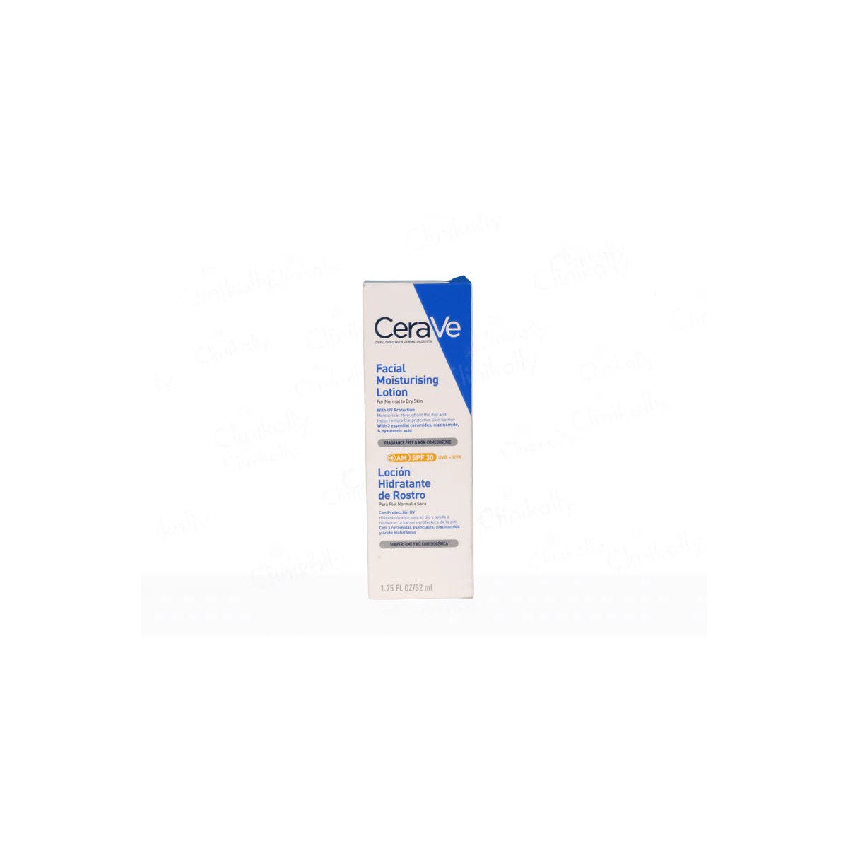 CeraVe Facial Moisturizing AM Lotion with SPF 30 in a 52ml pump bottle, featuring a white and blue design with a pump dispenser.
