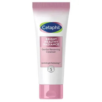 Cetaphil Bright Healthy Radiance Gentle Renewing Cleanser in a white pump bottle, suitable for gentle facial cleansing and brightening.