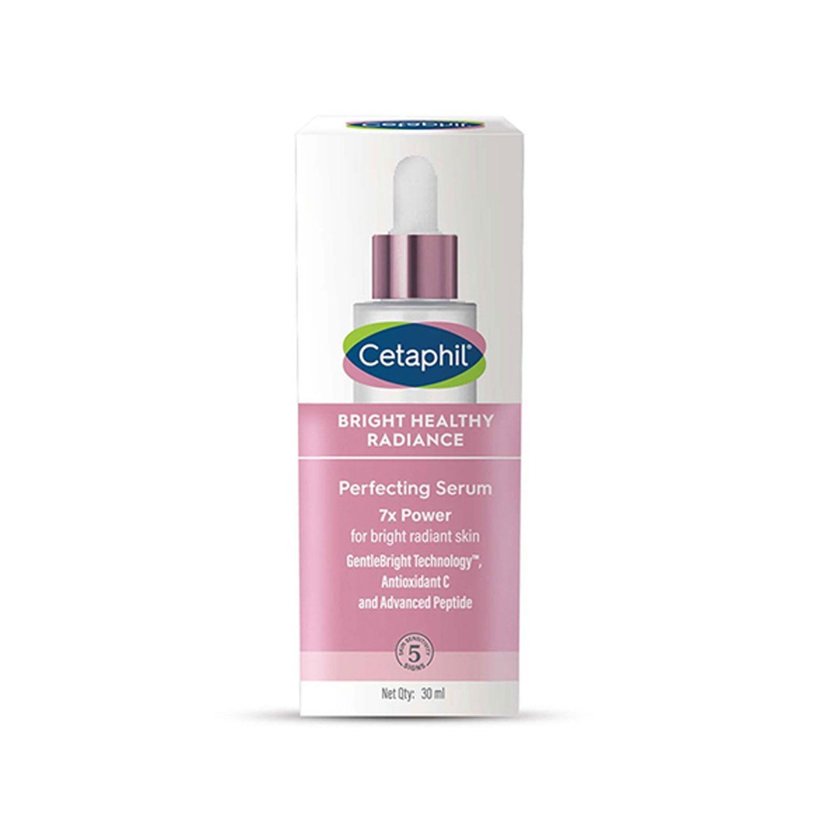 Cetaphil Bright Healthy Radiance Perfecting Serum bottle with a sleek design, 30ml size, for skincare and brightening.