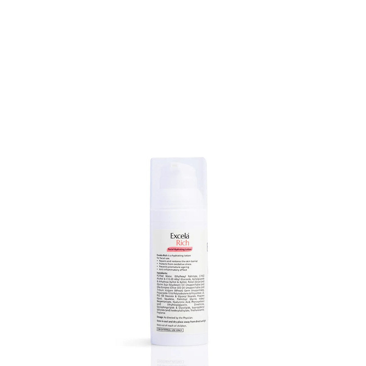 Cipla Excela Rich Facial Hydrating Lotion bottle with pump dispenser, showcasing creamy texture and branding on the packaging.
