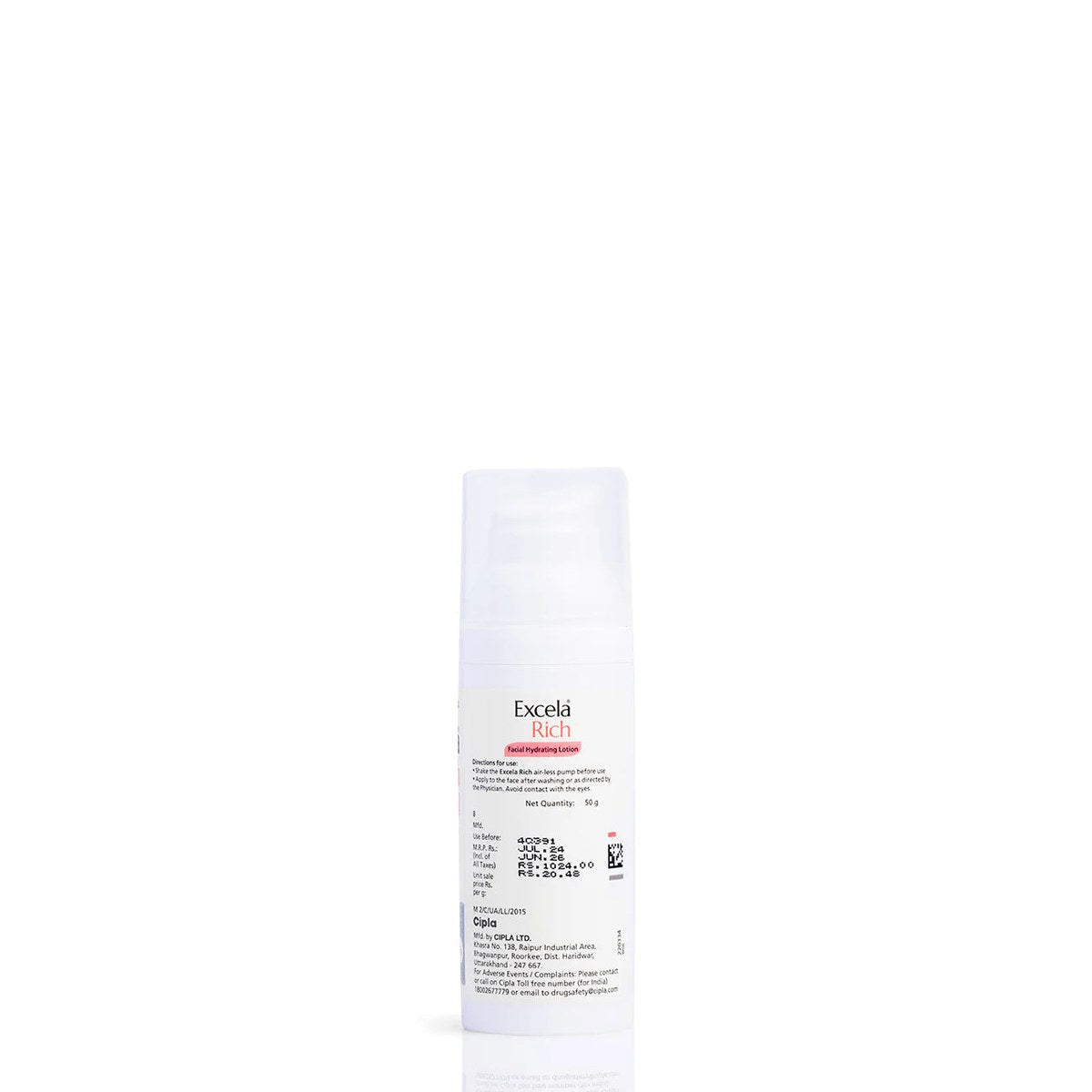 Cipla Excela Rich Facial Hydrating Lotion bottle with pump, creamy texture, and packaging details visible.