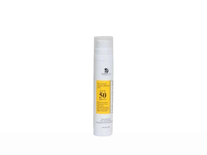 Urbanshade Silicone Sunscreen Gel SPF 50 PA+++ by M/s Samrvir Biotech Pvt. Ltd. shown in a clear tube with a white cap.