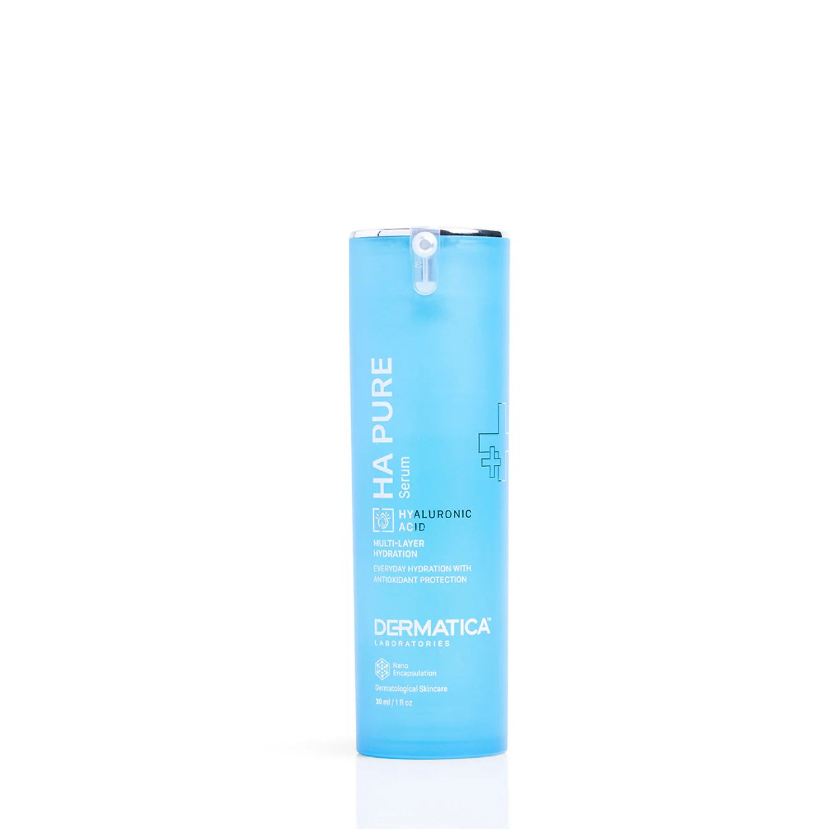 Allodermis Dermatica HA Pure Serum in a glass bottle, featuring a pump dispenser, designed for hydrating skin with hyaluronic acid.