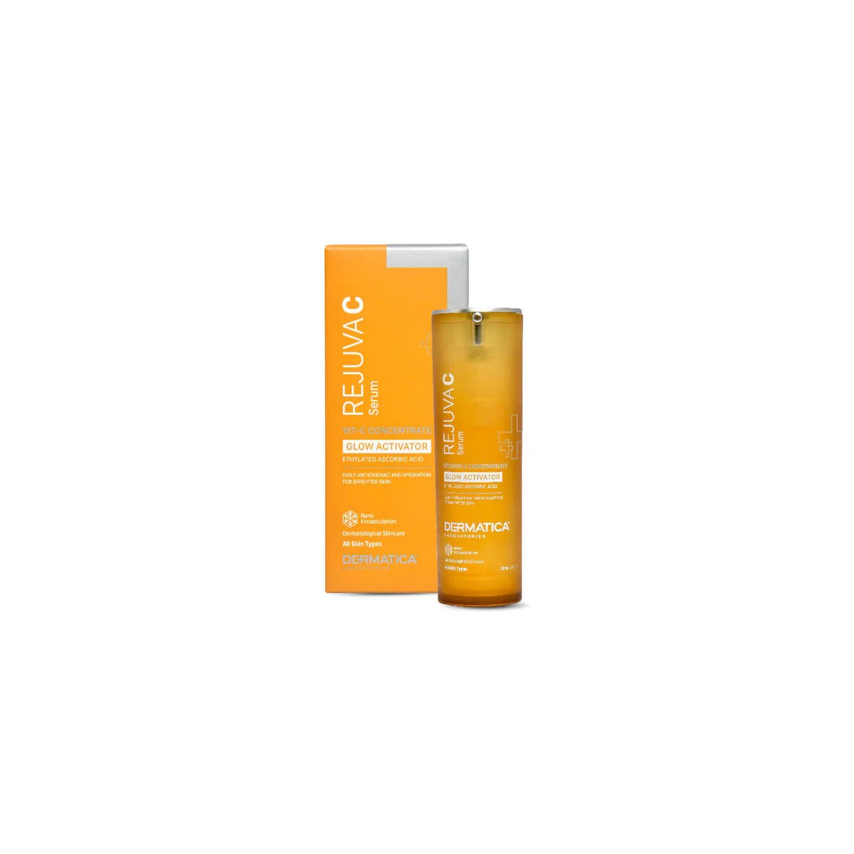 Dermatica Rejuva C Serum by Copperpods Cosmetics Pvt Ltd displayed in a sleek bottle on a white background.