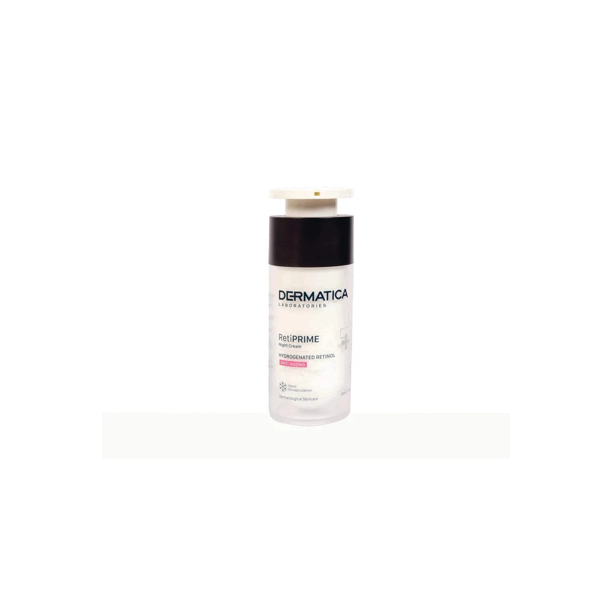 Dermatica RetiPrime Serum bottle from Copperpods Cosmetics Pvt Ltd with a sleek, modern design on a white background.