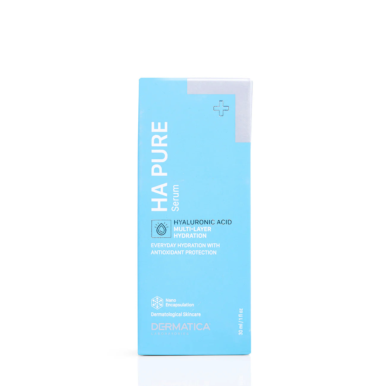 Allodermis Dermatica HA Pure Serum bottle, clear glass container with dropper, showcasing the hydrating skincare product.